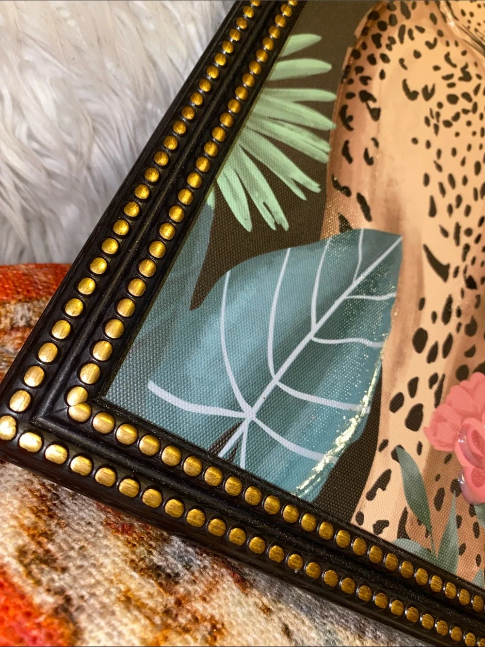 Framed Tan Leopard Jungle Print with Green Foliage